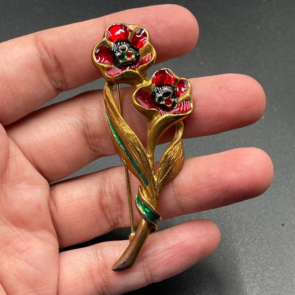 Two Red Poppy Enamel Flowers Textured Leaves Green Enamel Stem Vtg Brooch Pin 3"